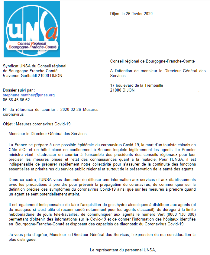 [UNSA] Mesures coronaVirus