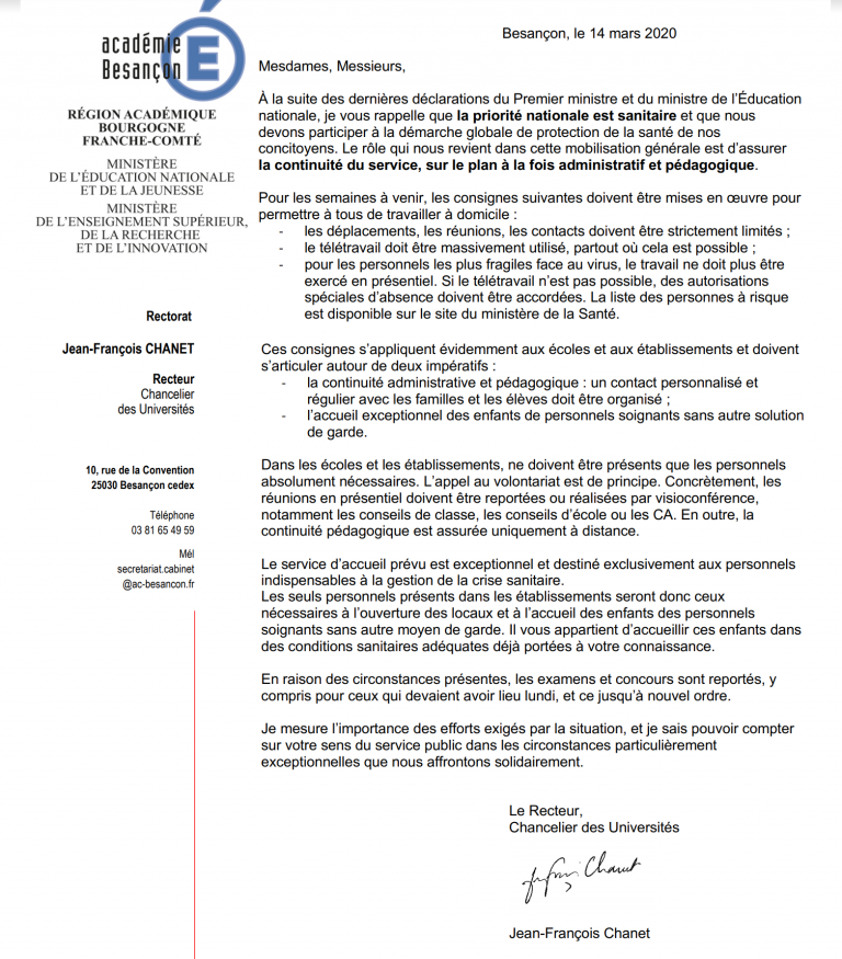 [UNSA] Courrier du Recteur  à destination des chefs d’établissements #coronavirus