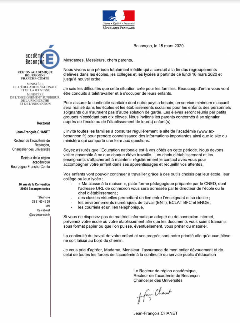 [UNSA] Le Recteur de l’académie de Besançon écrit aux parents #coronavirus
