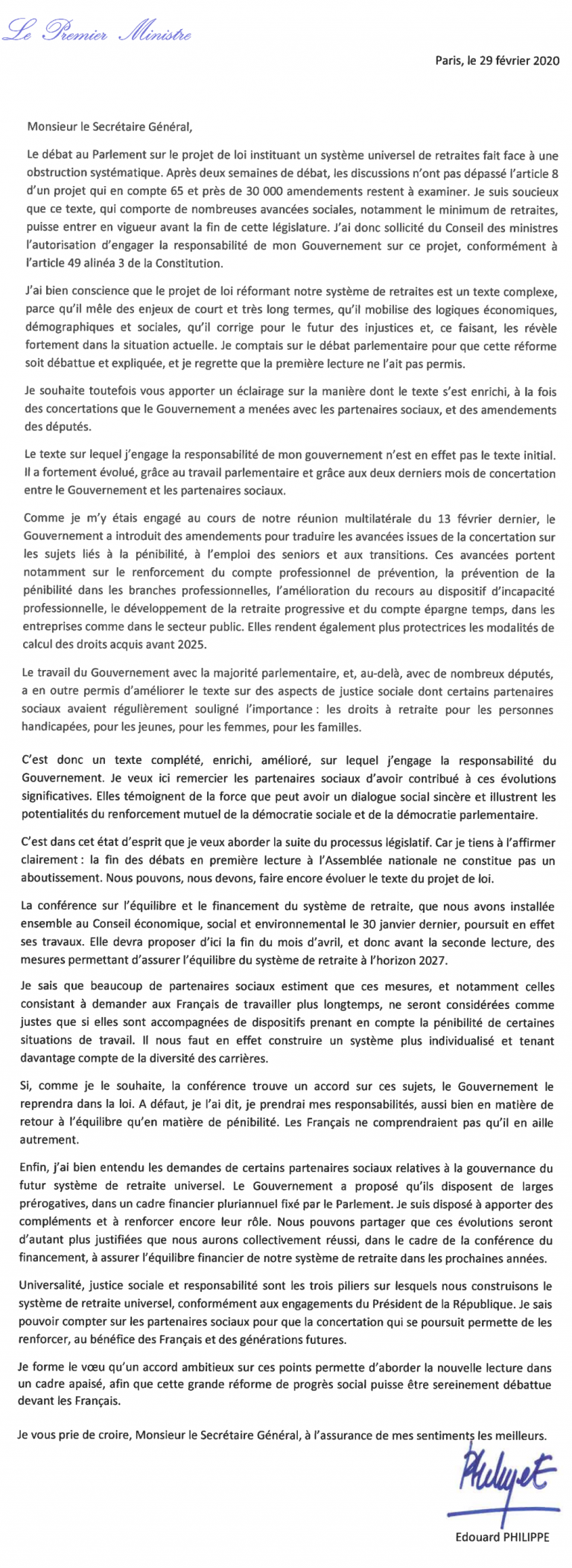 [UNSA] Réforme des retraites et 49.3/ Le courrier du Premier Ministre adressé à l’UNSA