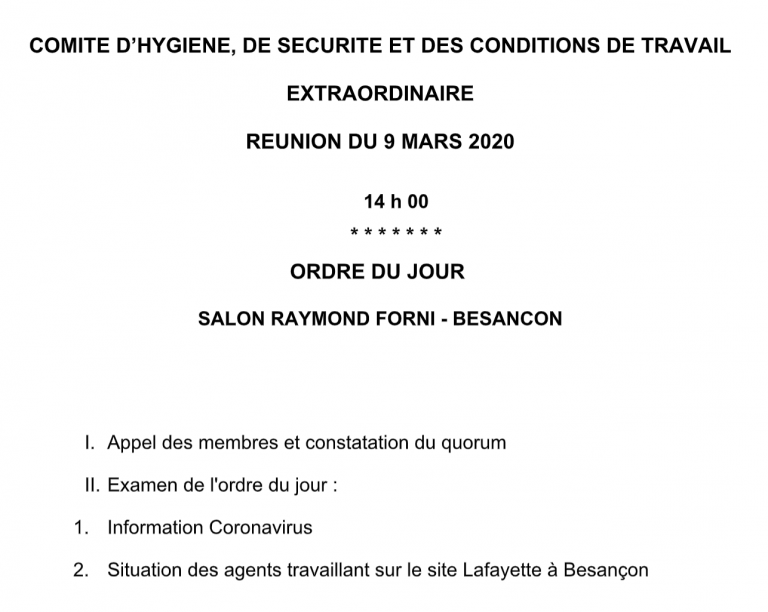 [UNSA] #Coronavirus #Lafayette / Un CHSCT extraordinaire organisé le lundi 9 mars 2020