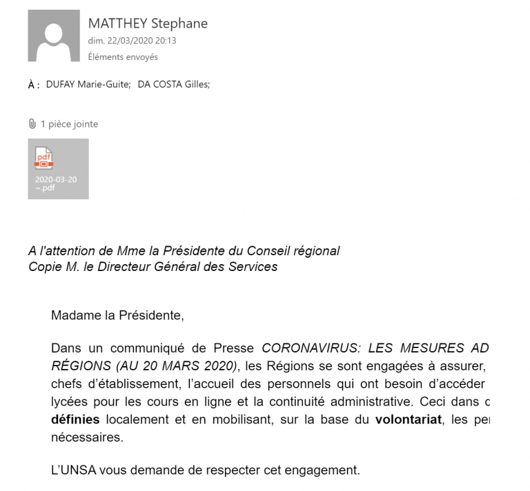 [UNSA] Protection des agents volontaires / horaires d’ouverture des lycées/ primes aux volontaires / L’UNSA écrit à la Présidente.