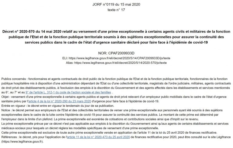 [UNSA] Le décret relatif à la prime exceptionnelle pouvant être versée aux agents mobilisés dans le cadre de l’état d’urgence sanitaire est publié au journal officiel !