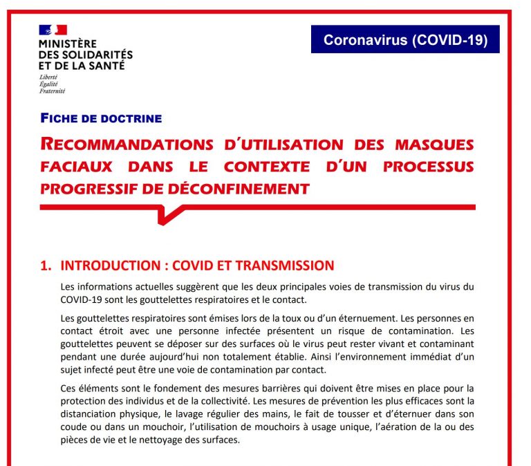 [UNSA] Recommandations d’utilisation des masques faciaux dans le contexte d’un processus progressif de déconfinement