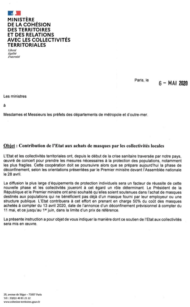 [UNSA] La circulaire sur l’aide de l’Etat, versée aux collectivités, pour l’achat de masques est publiée