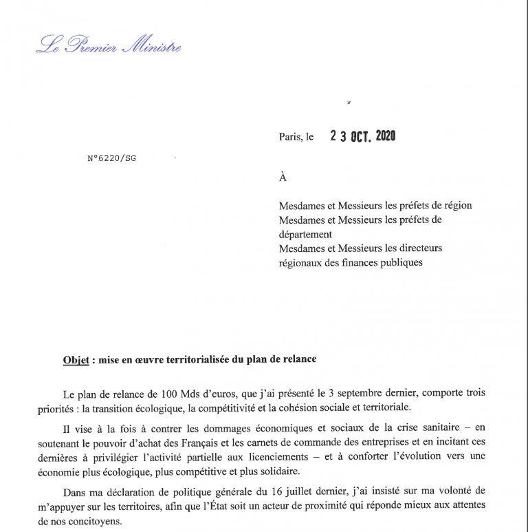 Mise en oeuvre territorialisée du plan de relance ➡  la circulaire du 1er ministre est publiée