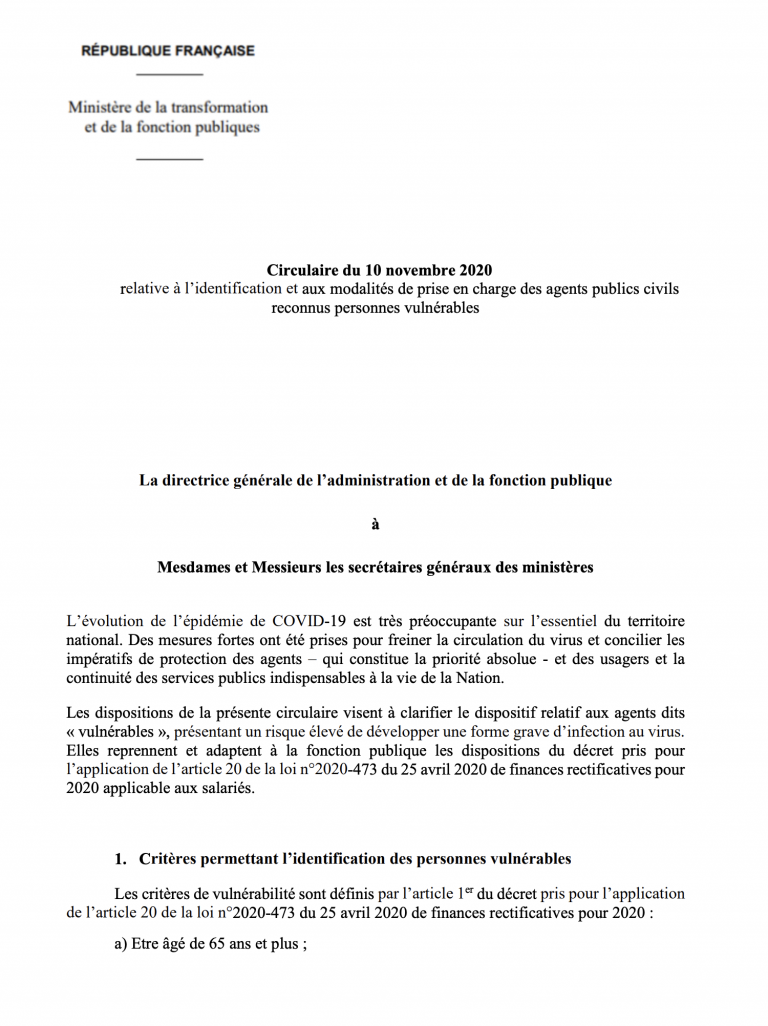 Publication de la circulaire du 10 novembre 2020 relative aux agents reconnus personnes vulnérables