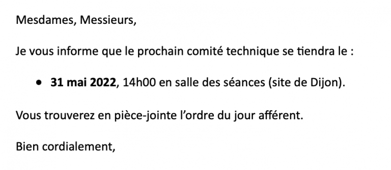 Ordre du jour du Comité technique du 31 mai 2022