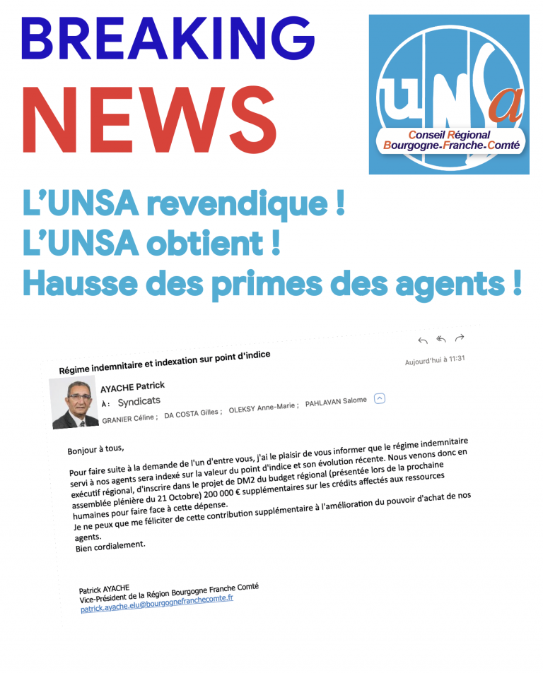 BREAKING-NEWS 📣 L’UNSA obtient 💪 une HAUSSE des primes 💶 des agents du Conseil régional !