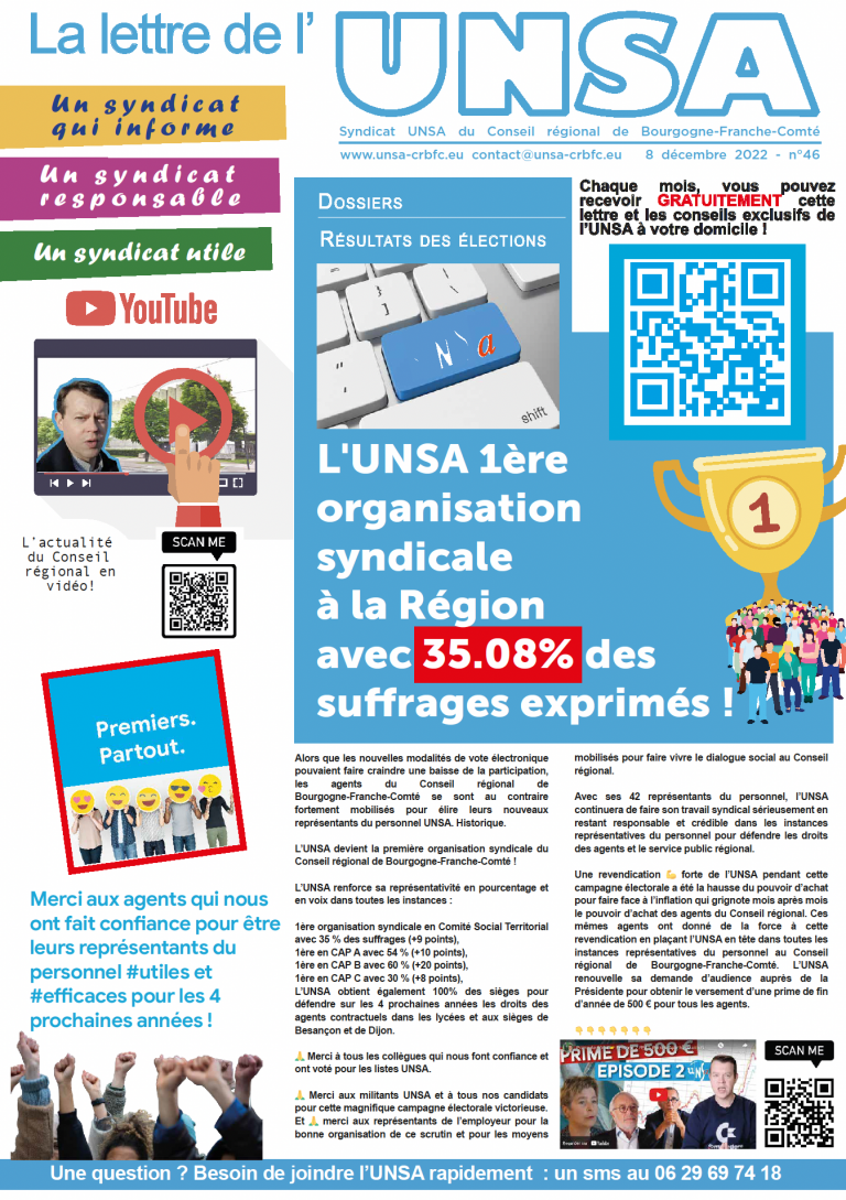 Lettre de l’UNSA Spéciale sur les résultats des élections professionnelles du 8 décembre 2022