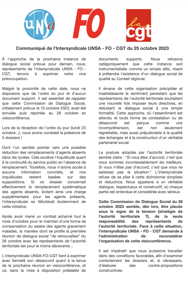 Communiqué de l’Intersyndicale UNSA – FO – CGT du 25 octobre 2023