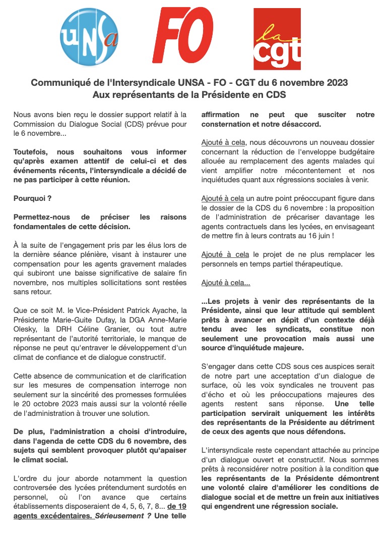 Communiqué de l’Intersyndicale UNSA – FO – CGT du 6 novembre 2023  – Aux représentants de la Présidente en CDS