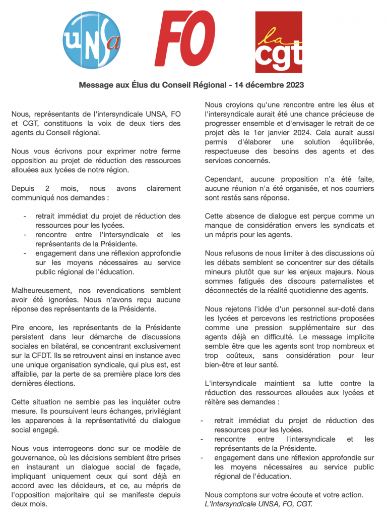 Aux élus du Conseil régional ➡️ Message de l’intersyndicale UNSA FO CGT