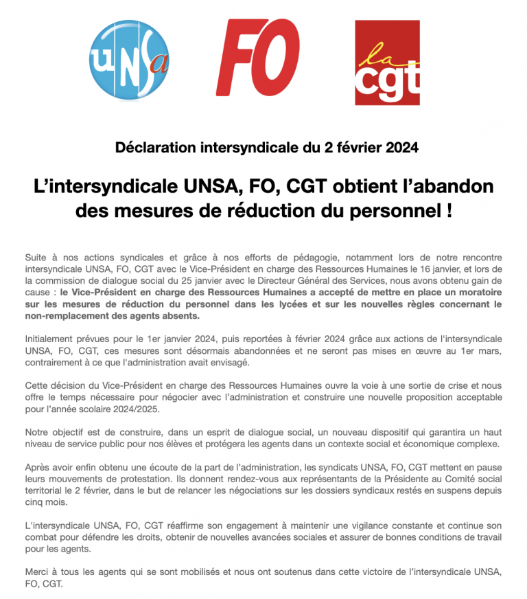 L’intersyndicale UNSA, FO, CGT obtient l’abandon des mesures de réduction du personnel !