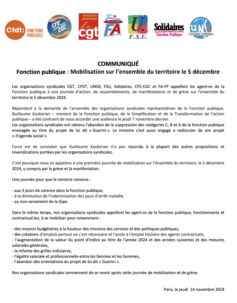 Mobilisation nationale des agents publics : rendez-vous le 5 décembre !