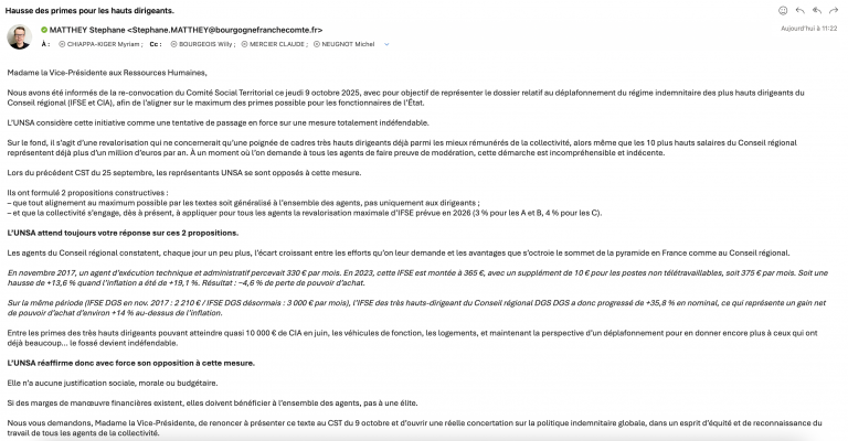 L’UNSA a saisi officiellement la Vice-présidente RH pour lui demander de reprendre raison !