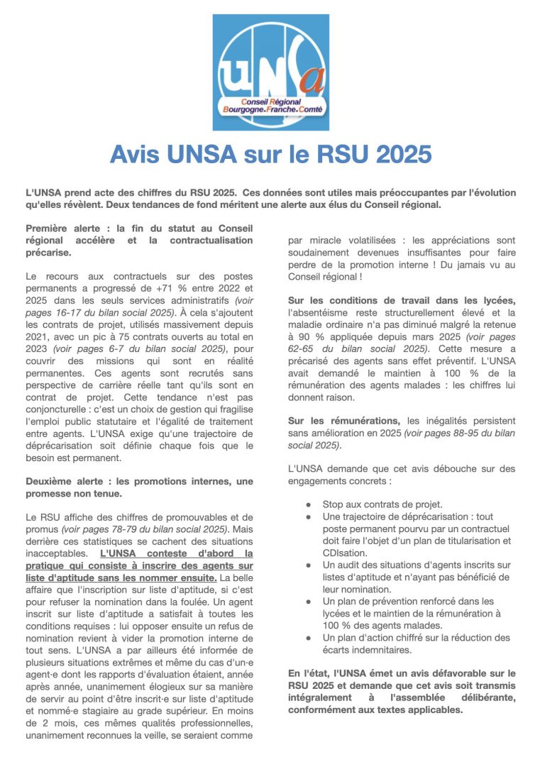 L&rsquo;UNSA émet un avis défavorable sur le RSU 2025.