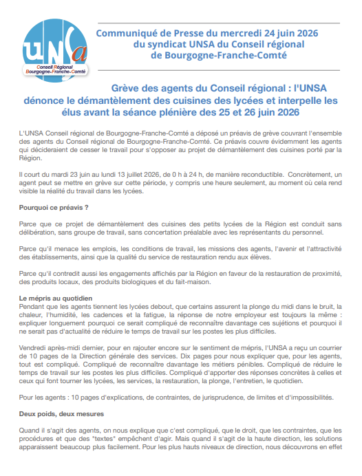 Communiqué de Presse du mercredi 24 juin 2026 ➡️ Grève des agents du Conseil régional : l&rsquo;UNSA dénonce le démantèlement des cuisines des lycées et interpelle les élus avant la séance plénière des 25 et 26 juin 2026