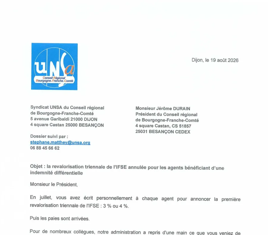 Courrier de l'UNSA au Président du 19 août 2026