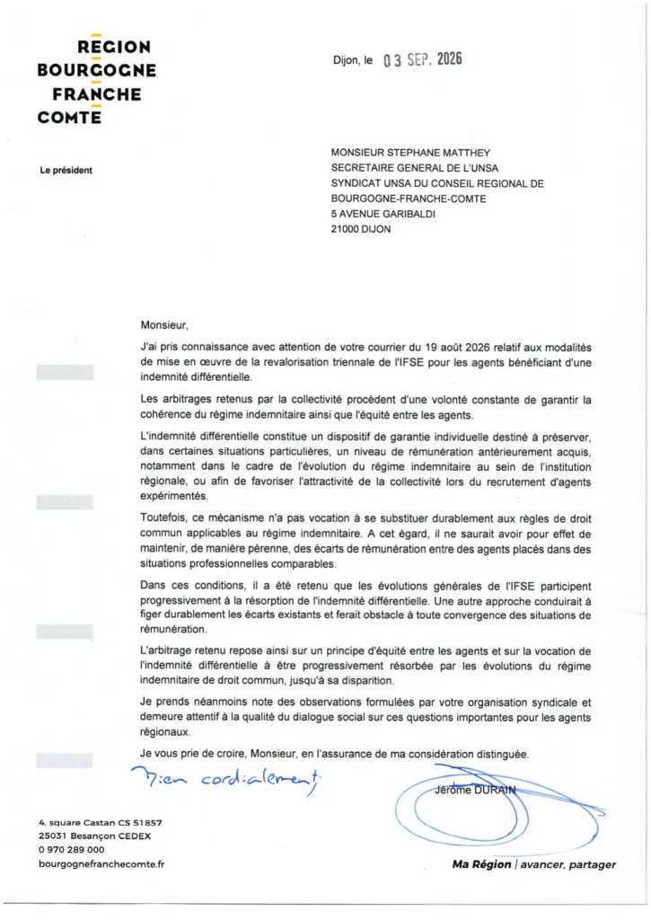 Réponse du Président de Région à l'UNSA, courrier du 3 septembre 2026