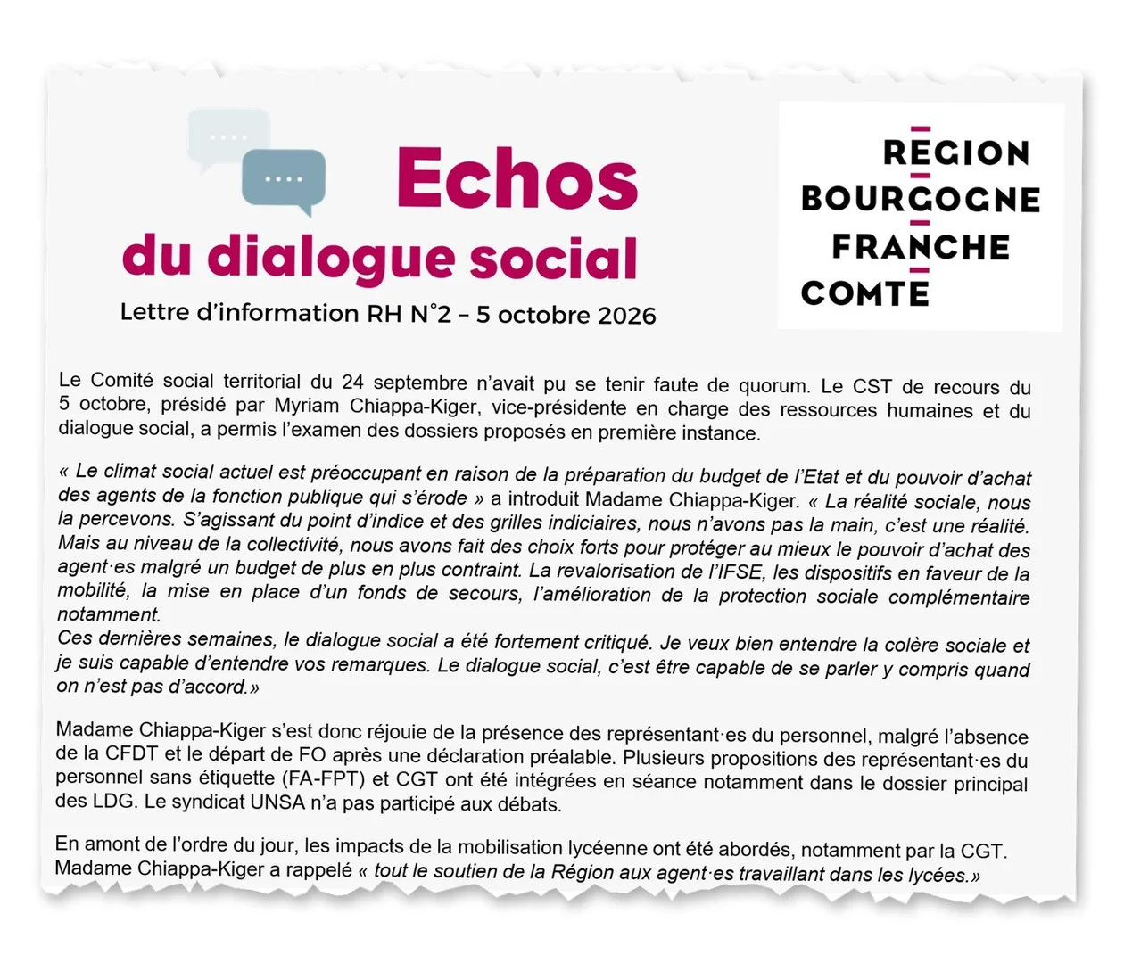 Lettre d'information RH Echos du dialogue social n° 2 du 5 octobre 2026 de la Région Bourgogne-Franche-Comté