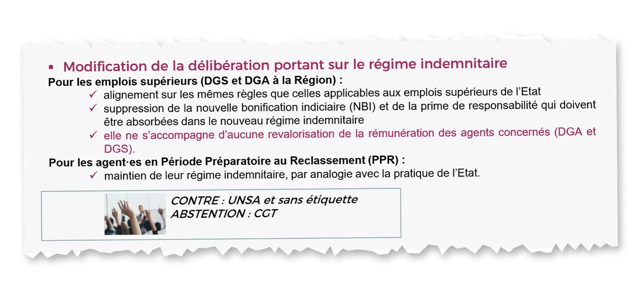 Extrait de la lettre : modification de la délibération portant sur le régime indemnitaire, vote contre de l'UNSA et des sans étiquette, abstention de la CGT