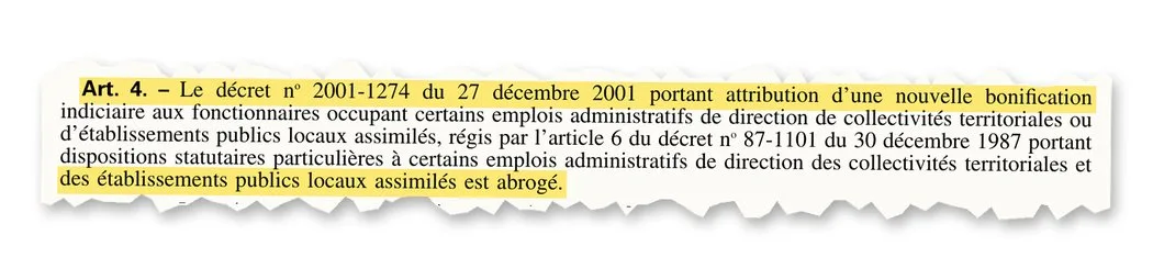 Article 4 du décret : le décret n° 2001-1274 portant attribution d'une nouvelle bonification indiciaire est abrogé