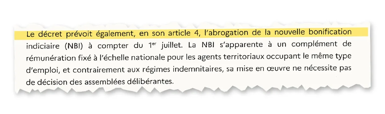 Extrait : le décret prévoit en son article 4 l'abrogation de la nouvelle bonification indiciaire à compter du 1er juillet