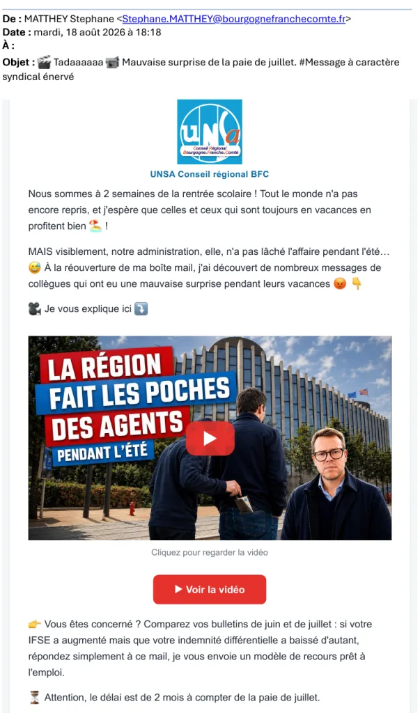 Courriel de l'UNSA aux agents du 18 août 2026