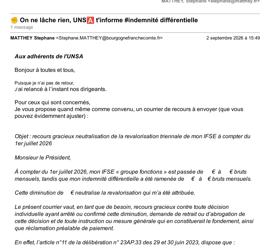 Courriel de l'UNSA aux adhérents du 2 septembre 2026, avec le modèle de recours