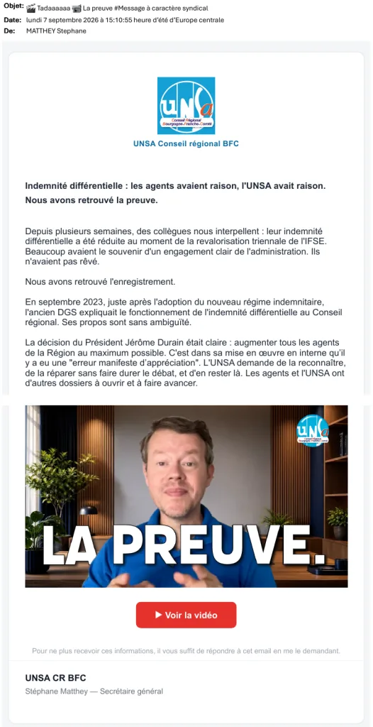 Courriel de l'UNSA du 7 septembre 2026 : la preuve