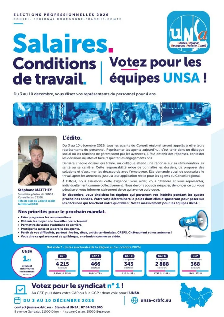 Recto de la profession de foi UNSA : salaires, conditions de travail, votez pour les équipes UNSA du 3 au 10 décembre